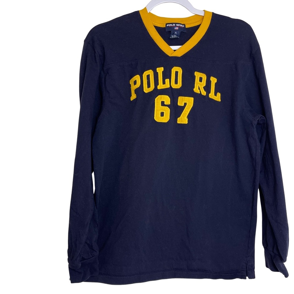 Vintage Ralph Lauren Polo Sport V-Neck Navy w/Yellow Long Sleeve Shirt XL